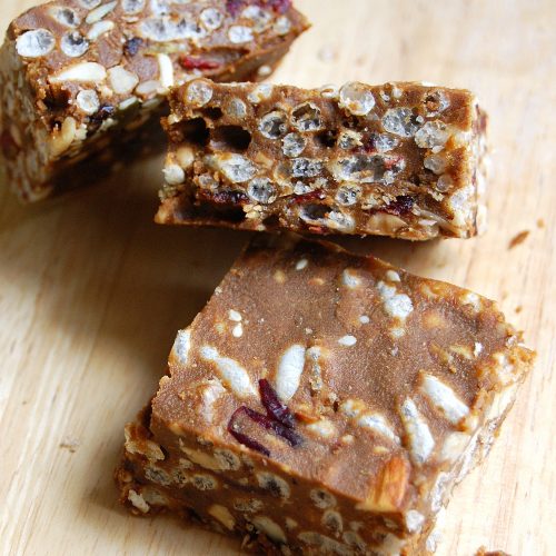 Peanut butter, puffed rice and fruit and nut squares