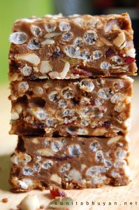 Peanut butter, puffed rice and fruit and nut squares