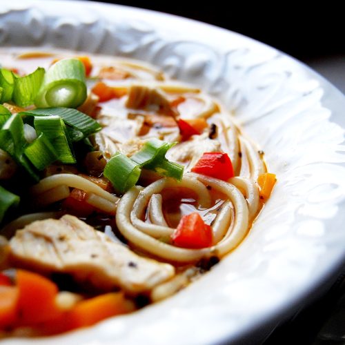 Chicken and vegetables spaghetti soup