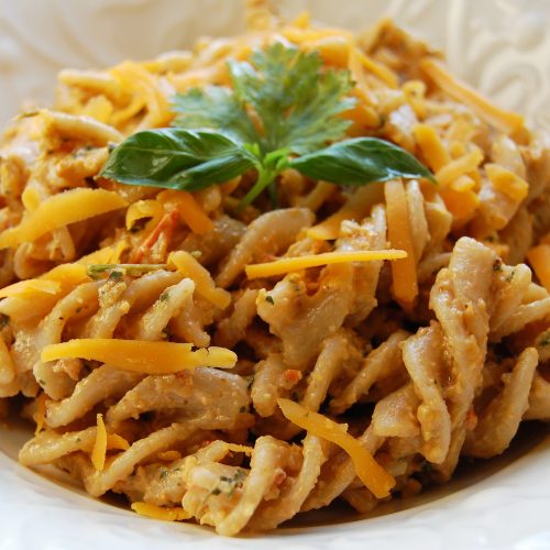 Whole wheat pasta with roasted tomato and bell pepper pesto